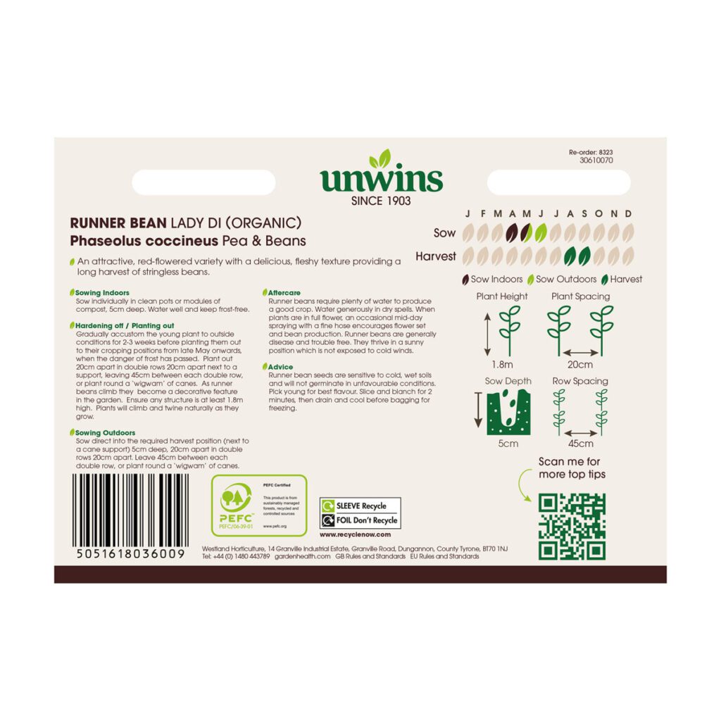 Unwins Organic Runner Bean Lady Di Seeds 5051618036009 2